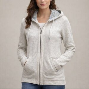 Fat Face UK Knit Zip Hoodie Women's US 4 UK 8 Cream Blue Lined Hood Cotton Blend